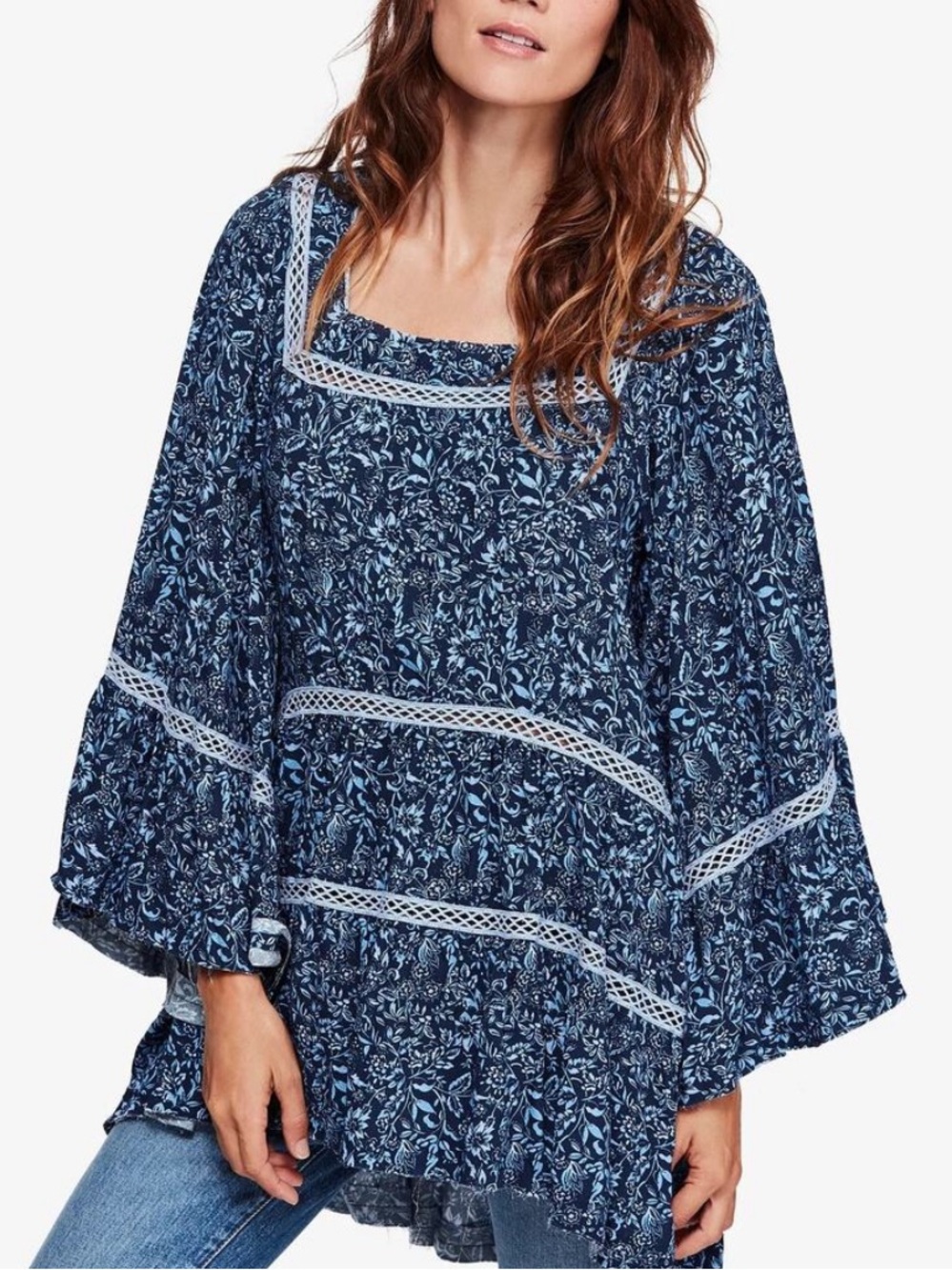 Free People cottage 70s Boho crochet blue white Talk About It tunic bell sleeves